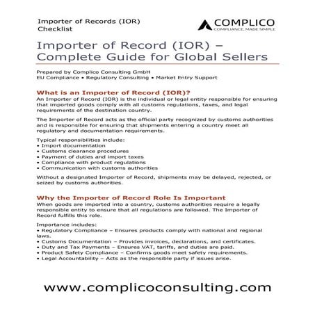 Importer of Record (IOR) Guide for International Companies | Complico | PDF