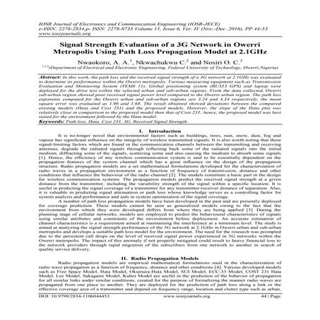Signal Strength Evaluation of a 3G Network in Owerri Metropolis Using Path Lo...