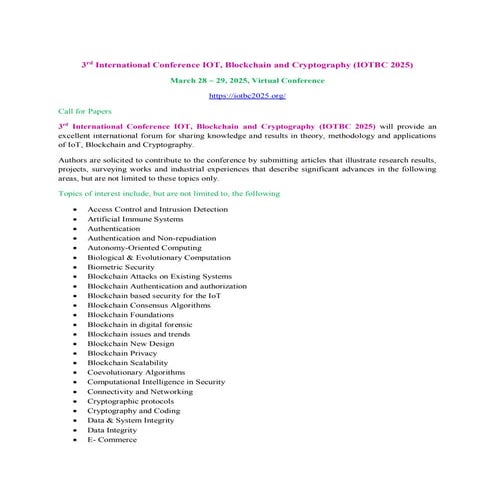 3rd International Conference IOT, Blockchain and Cryptography (IOTBC 2025)