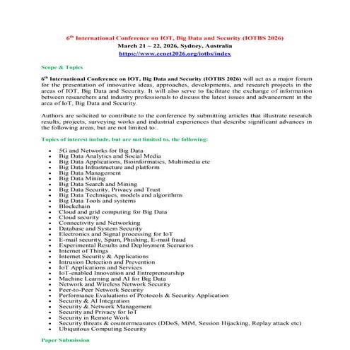 6th International Conference on IOT, Big Data and Security (IOTBS 2026 ...