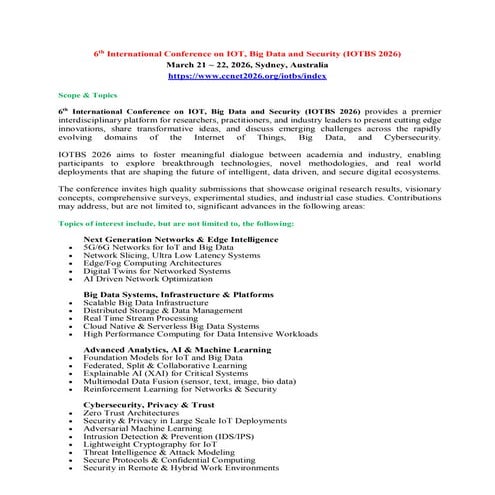 Call for Papers - 6th International Conference on IOT, Big Data and ...