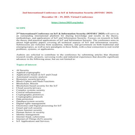 CFP-2nd International Conference on IoT & Information Security (IOTSEC 2025)