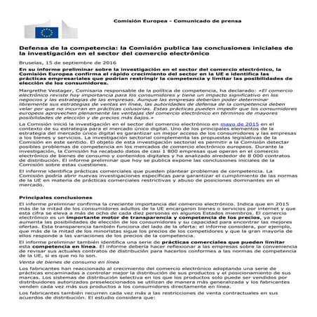 Comisión Europea. Conclusiones iniciales sobre e-commerce