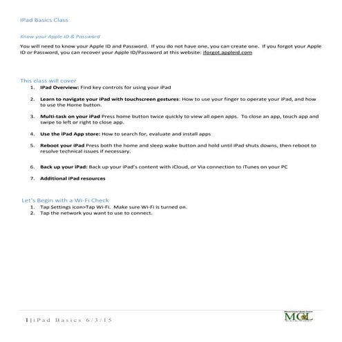 Ipad Basics Class Handouts June 2015