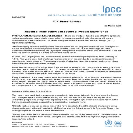 IPCC AR6 : PressRelease Synthesis Report | PDF