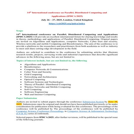 14th International conference on Parallel, Distributed Computing and Applications (IPDCA 2025)