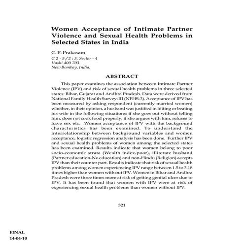 Acceptance of Intimate Partner Violence and Sexual Health Problems in Selecte...