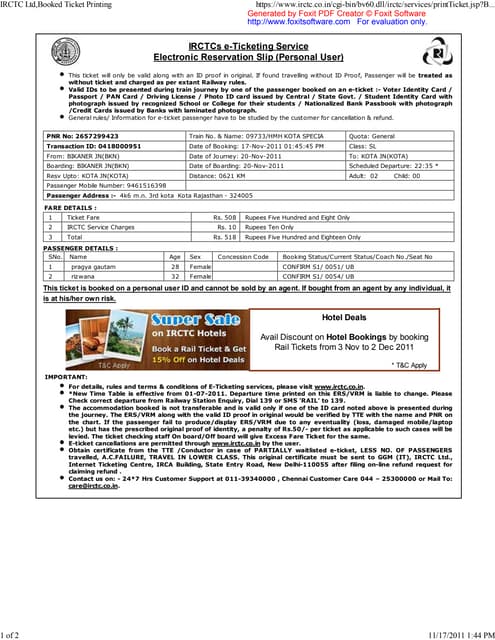 Irctc ltd,booked ticket printing