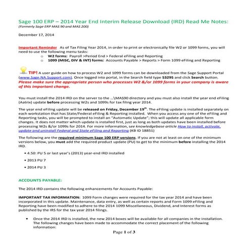 Sage 100 ERP IRD for 2014