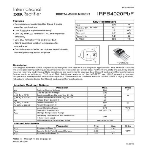 Original N-Channel Mosfet IRFB4020PBF 4020 TO-220-3 New International Rectifier