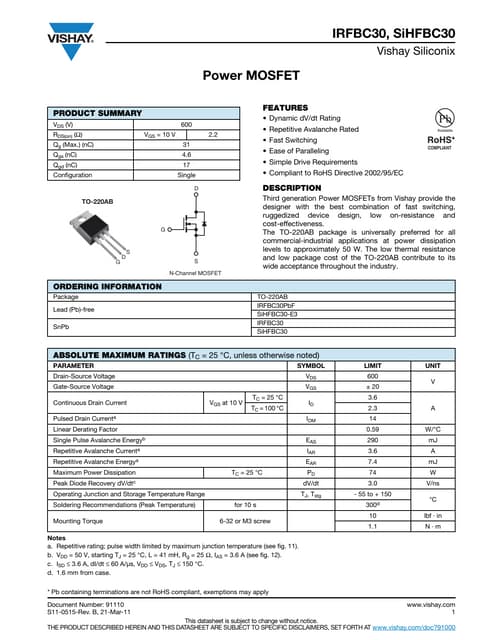Transistor MOSFET IRFBC30APBF Infineon - 1 Canal N, 74W, Boîtier TO-220 - Neuf
