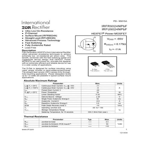 Original P-Channel Mosfet IRFU9024NPBF FU9024N 9024 55V 11A TO-251 New Infine...