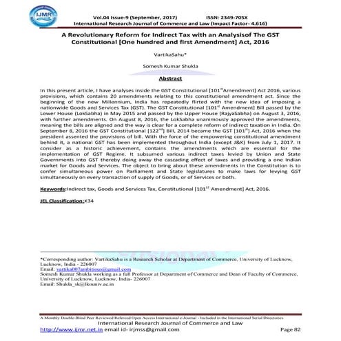 A Revolutionary Reform for Indirect Tax with an Analysisof The GST Constituti...