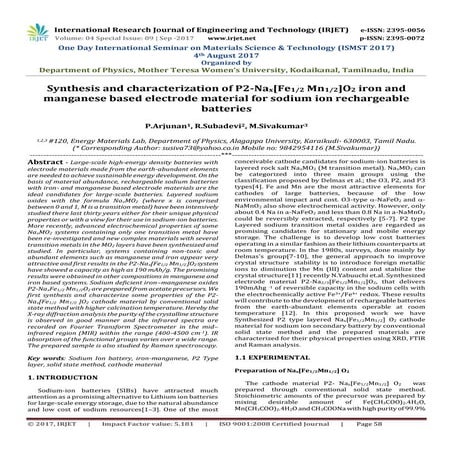 Synthesis and Characterization of P2-Nax[Fe1/2 Mn1/2]O2 Iron and Manganese ba...