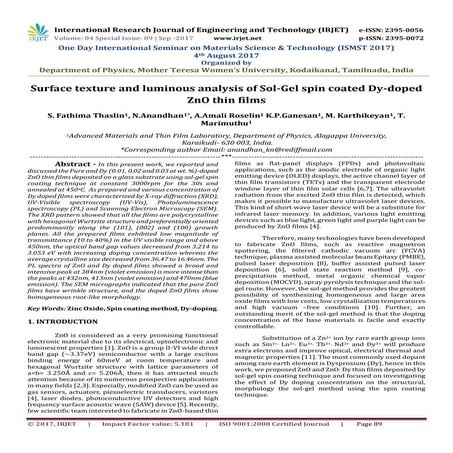 Surface Texture and Luminous Analysis of Sol-Gel Spin Coated Dy-doped ZnO Thi...