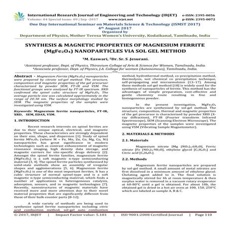Synthesis & Magnetic Properties of Magnesium Ferrite (MgFe2O4) Nanoparticles ...