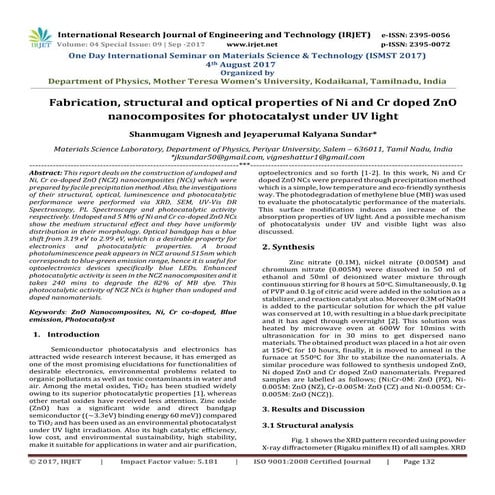 Fabrication, Structural and Optical Properties of Ni and Cr Doped ZnO Nanocom...