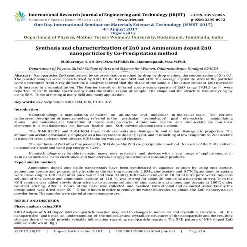 Synthesis and Characterization of ZnO and Ammonium Doped ZnO Nanoparticles by...