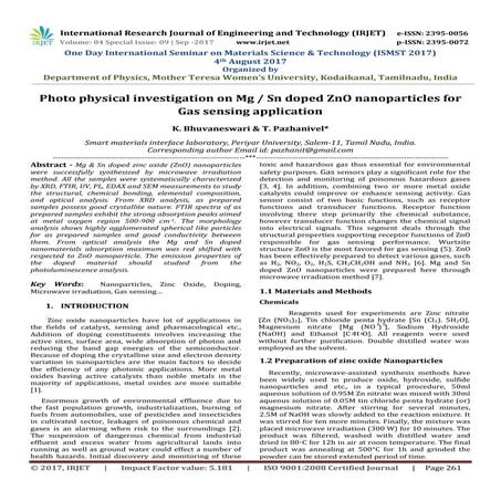 Photo Physical Investigation on Mg / Sn Doped ZnO Nanoparticles for Gas Sensi...