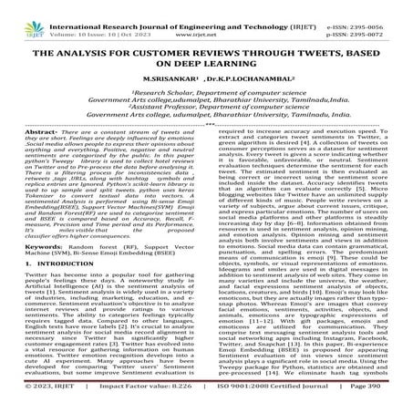 THE ANALYSIS FOR CUSTOMER REVIEWS THROUGH TWEETS, BASED ON DEEP LEARNING