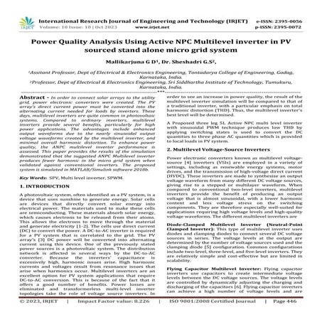 Power Quality Analysis Using Active NPC Multilevel inverter in PV sourced sta...