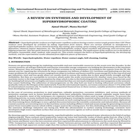 A REVIEW ON SYNTHESIS AND DEVELOPMENT OF SUPERHYDROPHOBIC COATING