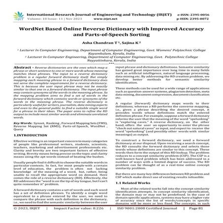 WordNet Based Online Reverse Dictionary with Improved Accuracy and Parts-of-S...