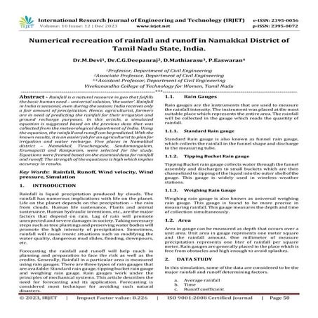 Numerical recreation of rainfall and runoff in Namakkal District of Tamil Nad...