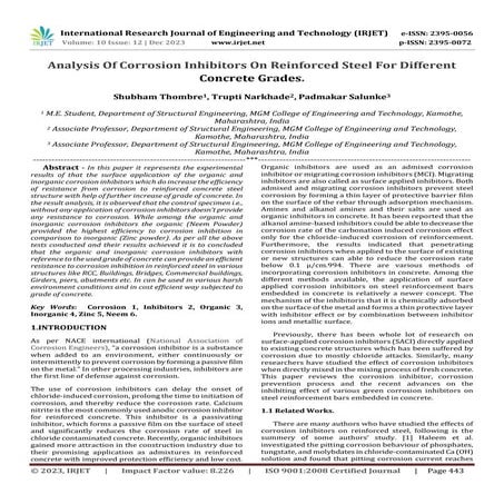 Analysis Of Corrosion Inhibitors On Reinforced Steel For Different Concrete G...
