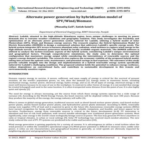 Alternate power generation by hybridization model of SPV/Wind/Biomass