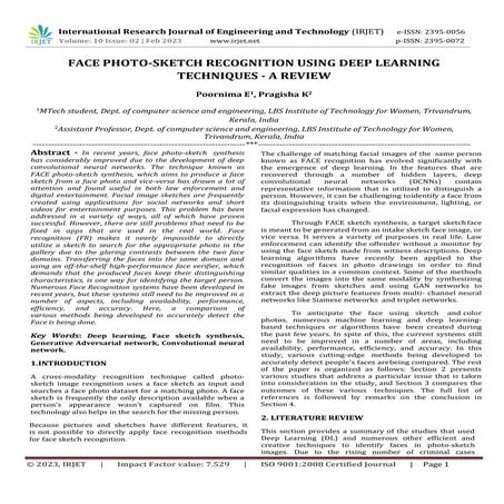FACE PHOTO-SKETCH RECOGNITION USING DEEP LEARNING TECHNIQUES - A REVIEW