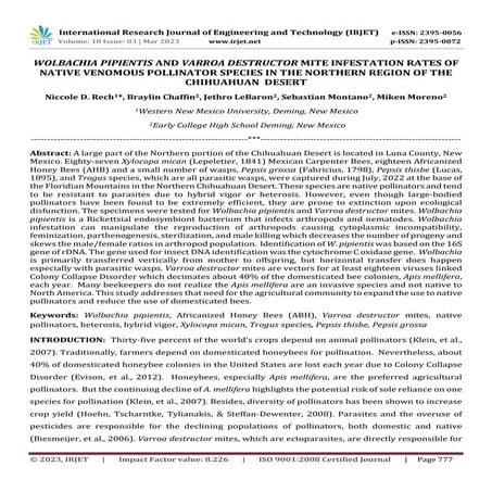 WOLBACHIA PIPIENTIS AND VARROA DESTRUCTOR MITE INFESTATION RATES OF NATIVE VE...