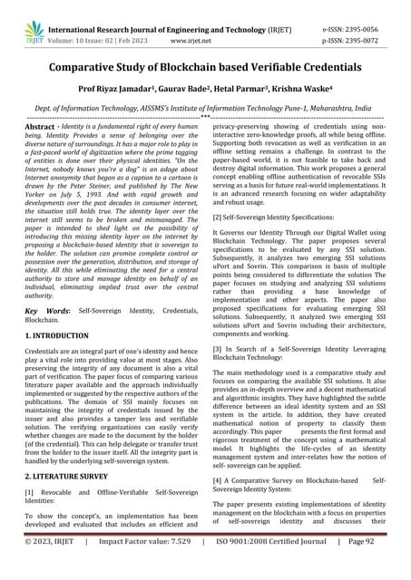 Comparative Study of Blockchain based Verifiable Credentials