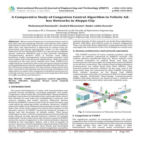 A Comparative Study of Congestion Control Algorithm in Vehicle Ad- hoc Networ...