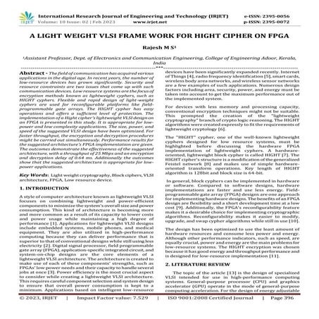 A LIGHT WEIGHT VLSI FRAME WORK FOR HIGHT CIPHER ON FPGA