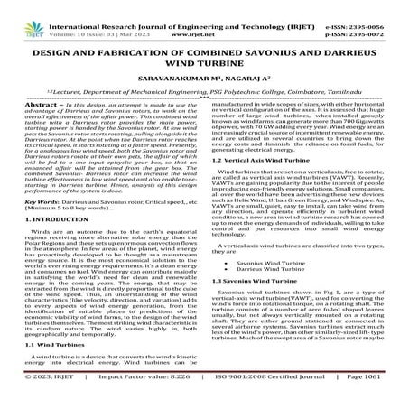 DESIGN AND FABRICATION OF COMBINED SAVONIUS AND DARRIEUS WIND TURBINE | PDF