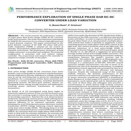 PERFORMANCE EXPLORATION OF SINGLE PHASE DAB DC-DC CONVERTER UNDER LOAD VARIATION