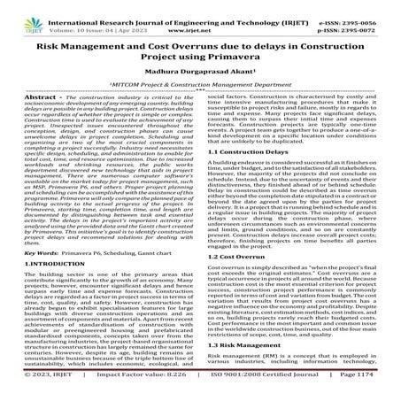 Risk Management and Cost Overruns due to delays in Construction Project using...