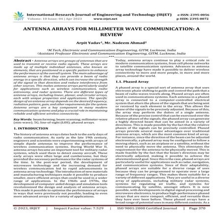 ANTENNA ARRAYS FOR MILLIMETER WAVE COMMUNICATION: A REVIEW