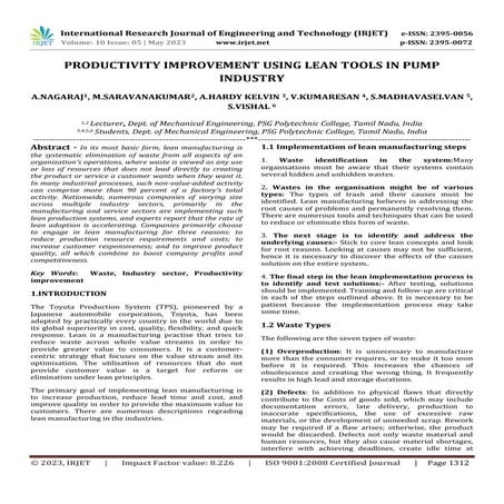 PRODUCTIVITY IMPROVEMENT USING LEAN TOOLS IN PUMP INDUSTRY