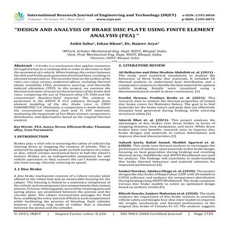 "DESIGN AND ANALYSIS OF BRAKE DISC PLATE USING FINITE ELEMENT ANALYSIS (FEA) "