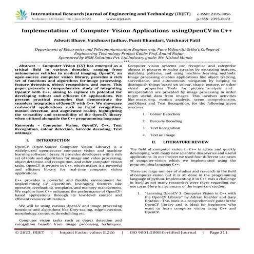 Implementation of Computer Vision Applications using OpenCV in C++ | PDF
