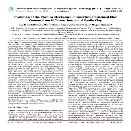 Evolution of the Physico-Mechanical Properties of Calcined Clay Cement from D...