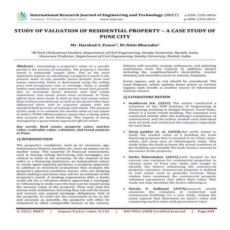 STUDY OF VALUATION OF RESIDENTIAL PROPERTY – A CASE STUDY OF PUNE CITY