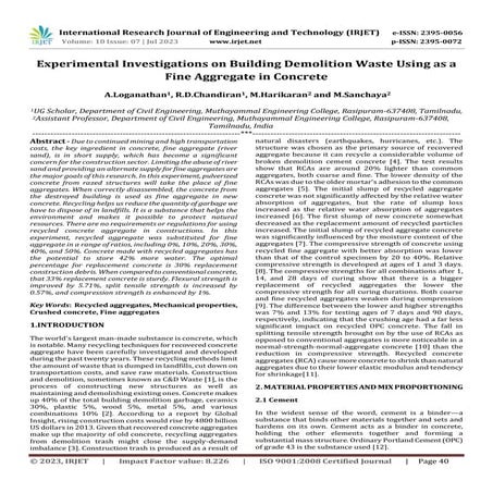 Experimental Investigations on Building Demolition Waste Using as a Fine Aggr...