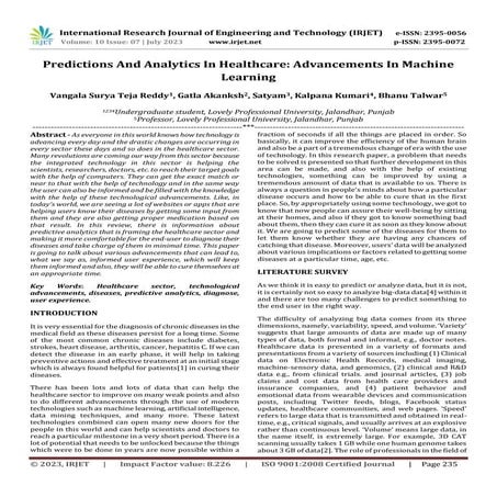 Predictions And Analytics In Healthcare: Advancements In Machine Learning