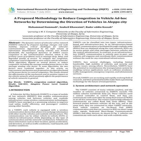 A Proposed Methodology to Reduce Congestion in Vehicle Ad-hoc Networks by Det...