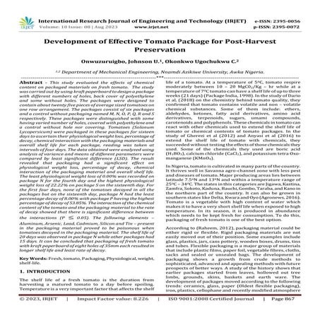 Development of Effective Tomato Package for Post-Harvest Preservation