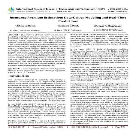 Insurance Premium Estimation: Data-Driven Modeling and Real-Time Predictions