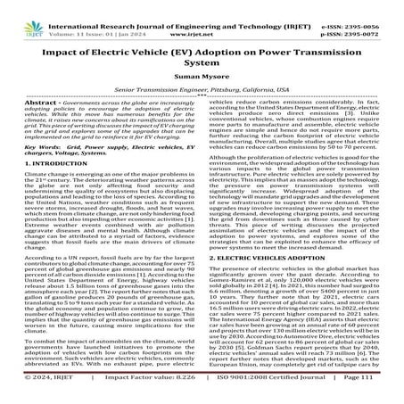 Impact of Electric Vehicle (EV) Adoption on Power Transmission System | PDF